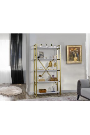 GOLD Metal Kitaplık 5 Raflı Beyaz Mermer Desenli Altın Kitaplık